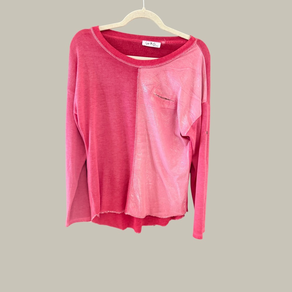 Gigi Moda Italy Womens Pink Colorblock Metallic Shimmer Long Sleeve Top Relaxed